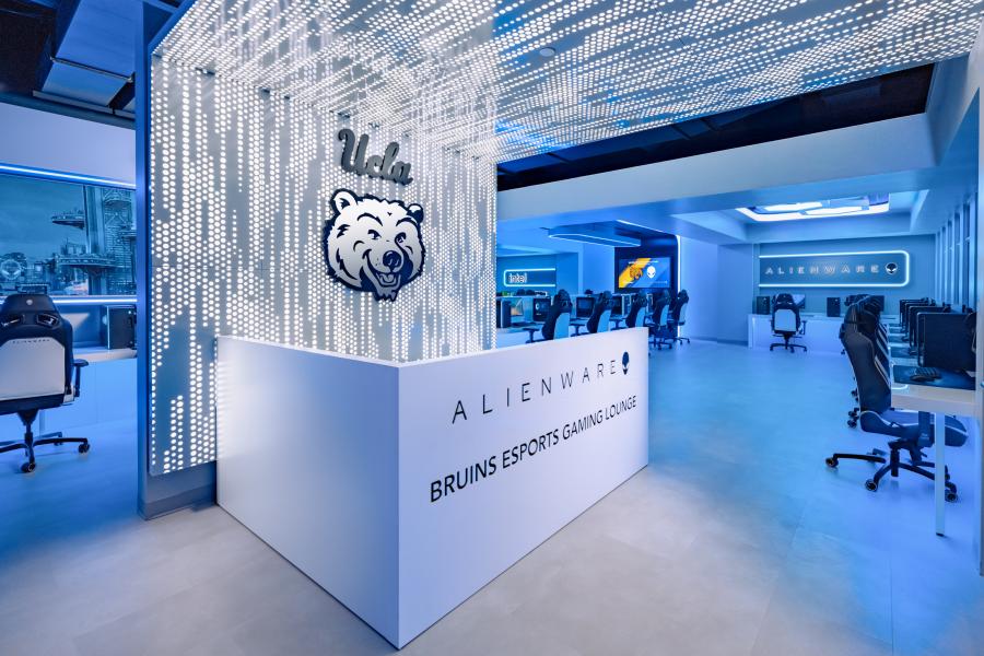 Bruins esports & gaming lounge presented by Alienware photo of front desk and lounge