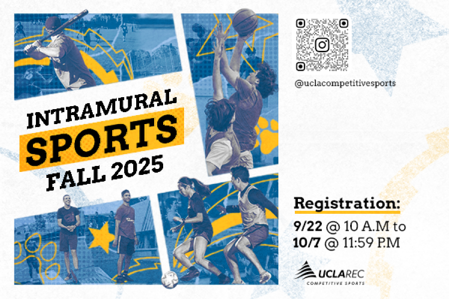 Intramural Sports Fall 25 registration 9/22 10 am - 10/7 11:59 pm. Blue graphic, photos of students playing various sports