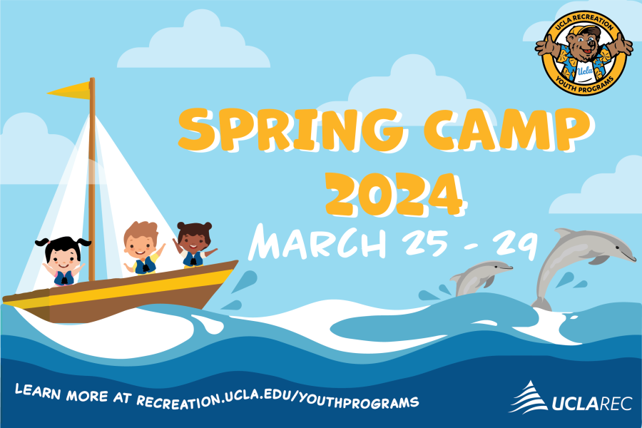 Spring Camp 2024 March 25-29. Graphic of children in a sail boat